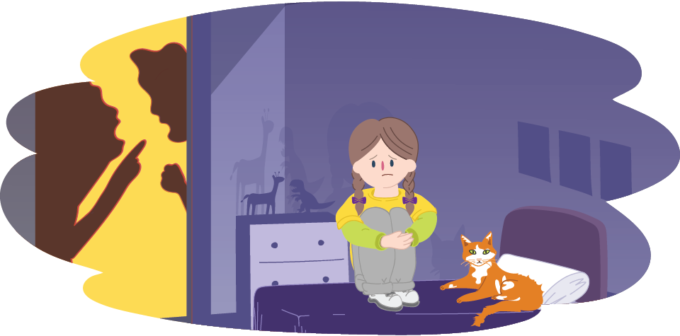 Illustration of a child sitting on a bed in a bedroom, with a cat lying beside them and a shadow of two adults arguing visible through a doorway.