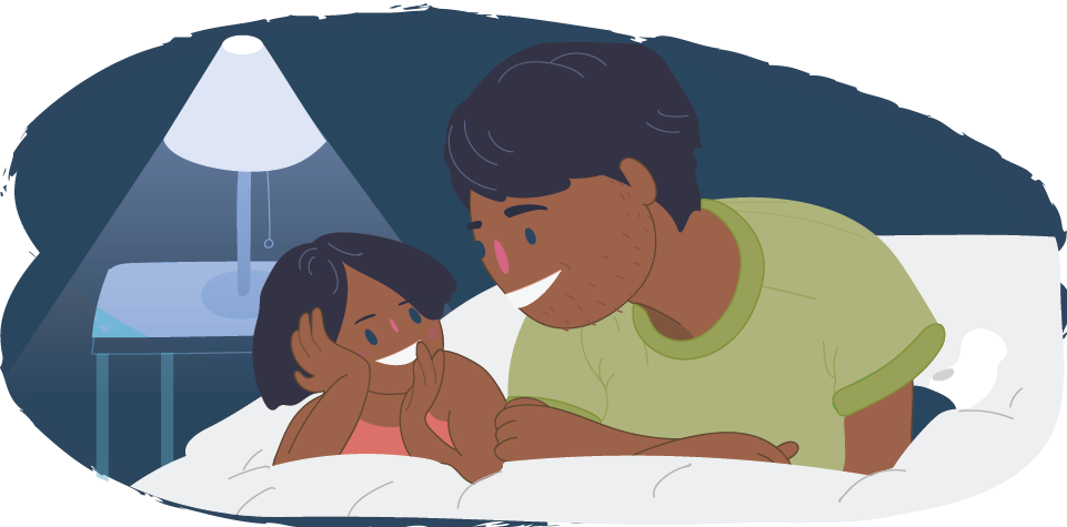 Illustration of a child lying in bed smiling while an adult sits beside them smiling, with a bedside lamp turned on.