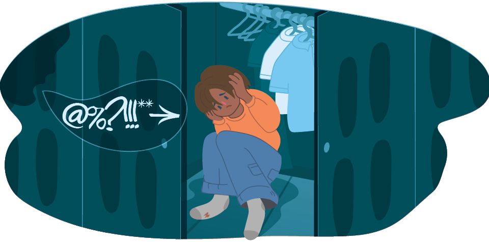 Illustration of a child sitting on the floor inside an open locker, with lockers and hanging clothes around them and symbols shown in a speech bubble.