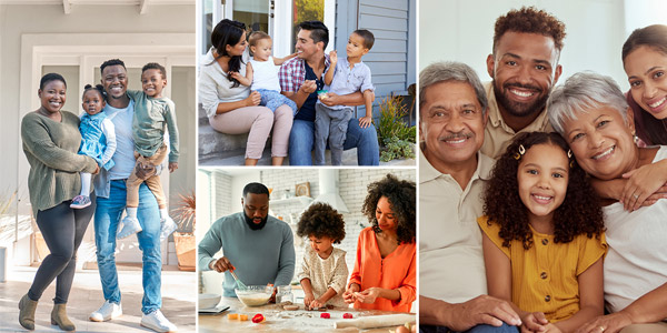 a collage of different Black and Latino families smiling in their homes 