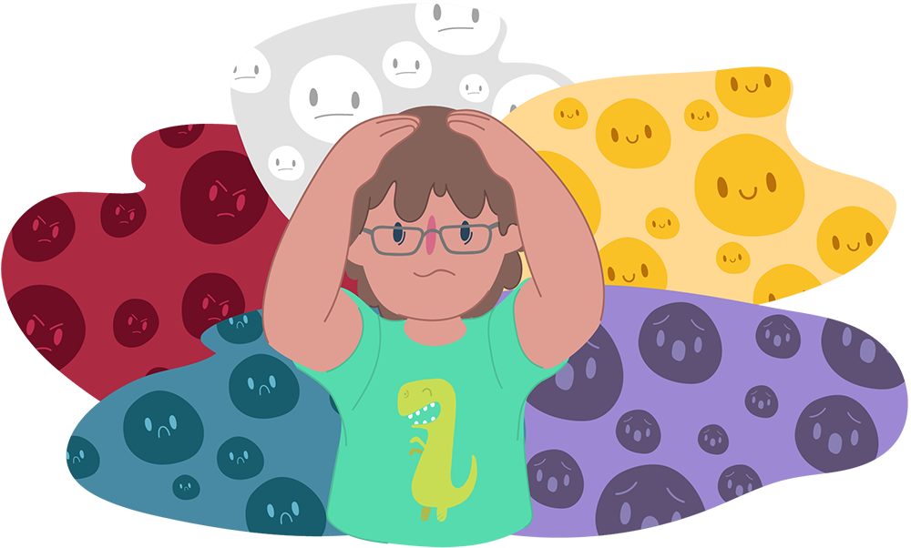 Illustration of a child holding their head, surrounded by overlapping shapes filled with different facial icons.
