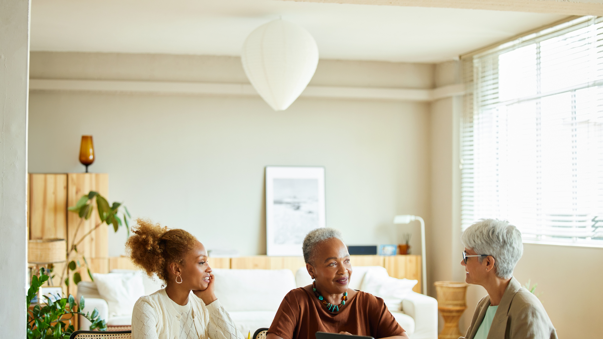 Financial advisor discussing with women at home