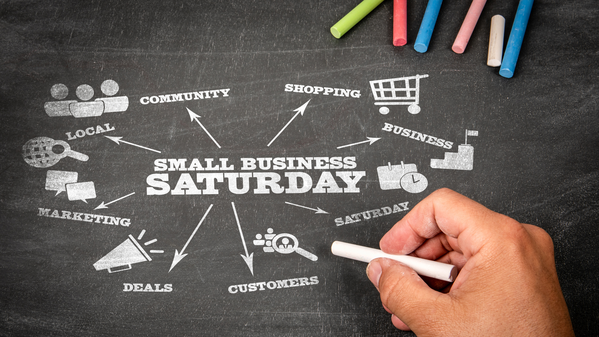 Small Business Saturday. Illustration with icons, arrows and keywords on a black chalkboard background