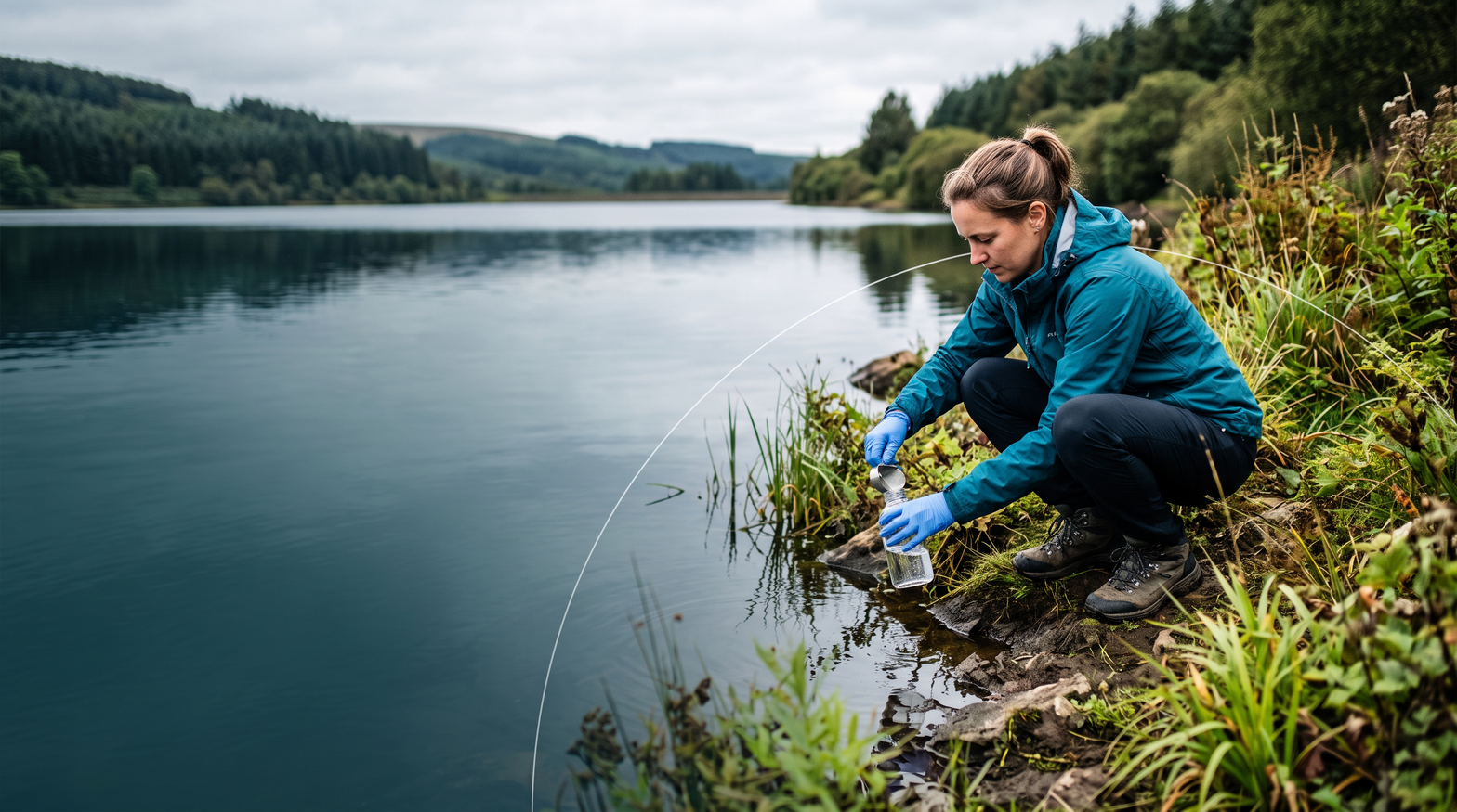 Environmental scientist collecting a river water sample for PFAS and microplastics analysis