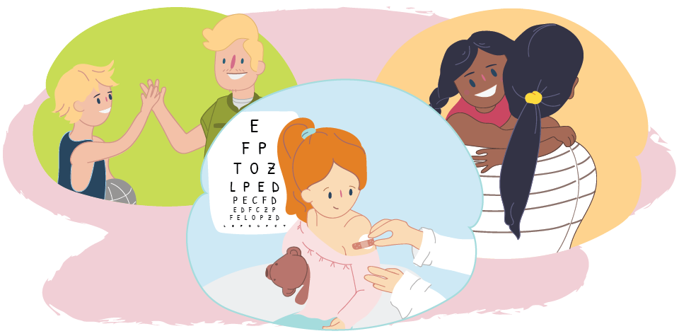 Illustration showing three scenes: two people giving a high five, a girl being checked with an eye chart by an adult holding a bandage, and two people hugging.