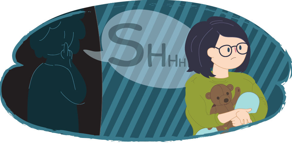 Illustration of a person sitting indoors holding a teddy bear. A dark figure appears behind a wall, and a speech bubble reads “Shhh”.