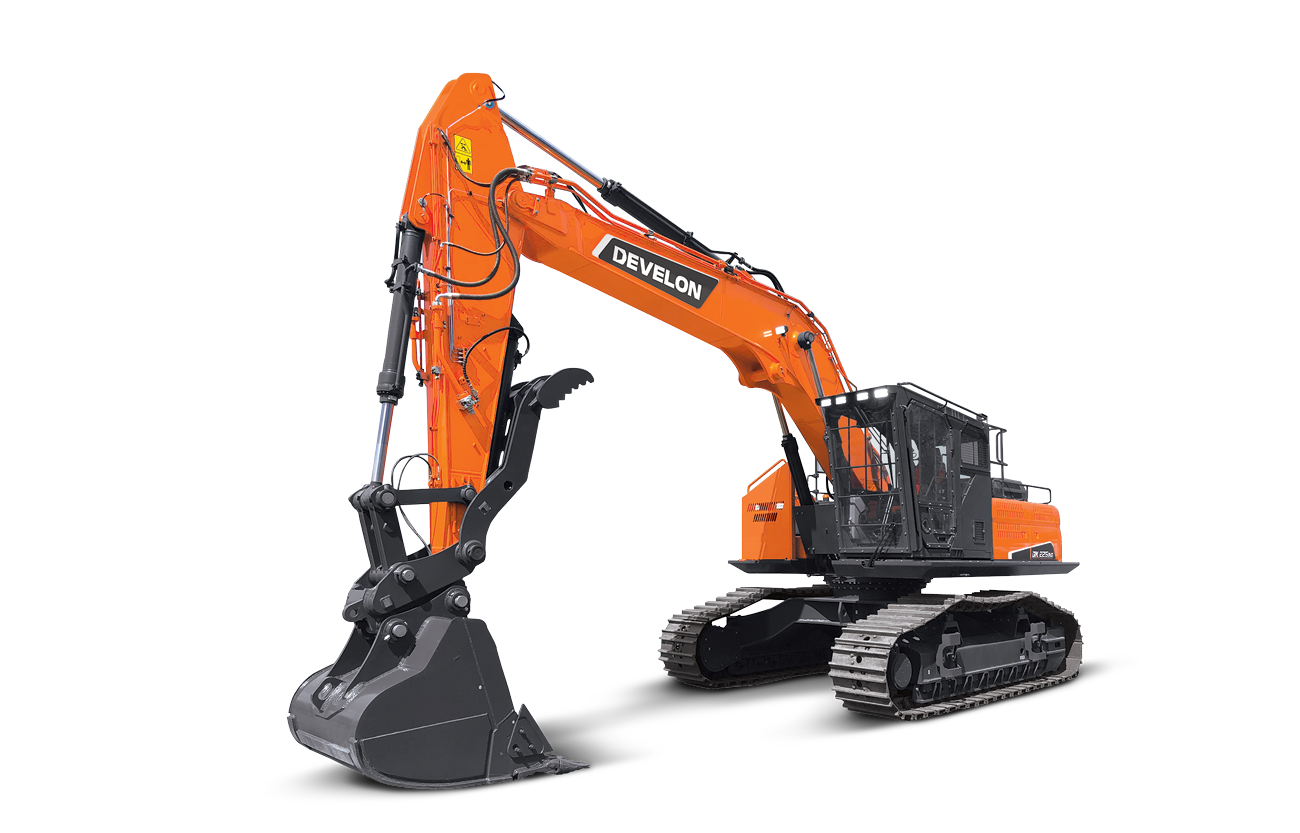 The DEVELON DX225RB road builder against a cut-out background.