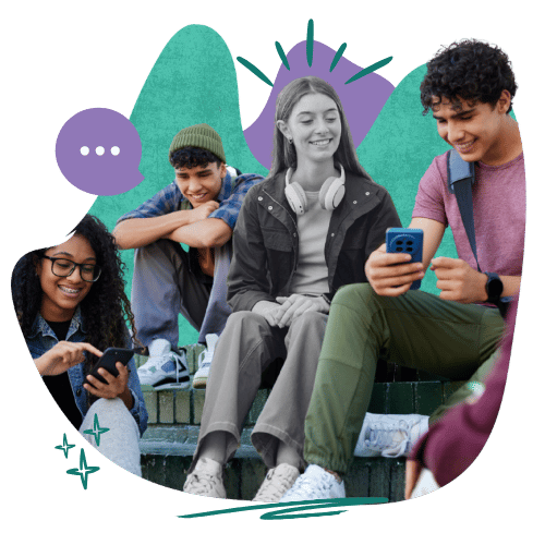 A group of teens communicating on their phones.