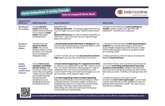 Mean behaviour and tricky friends - a cheat sheet on how to respond to different types of bullying.