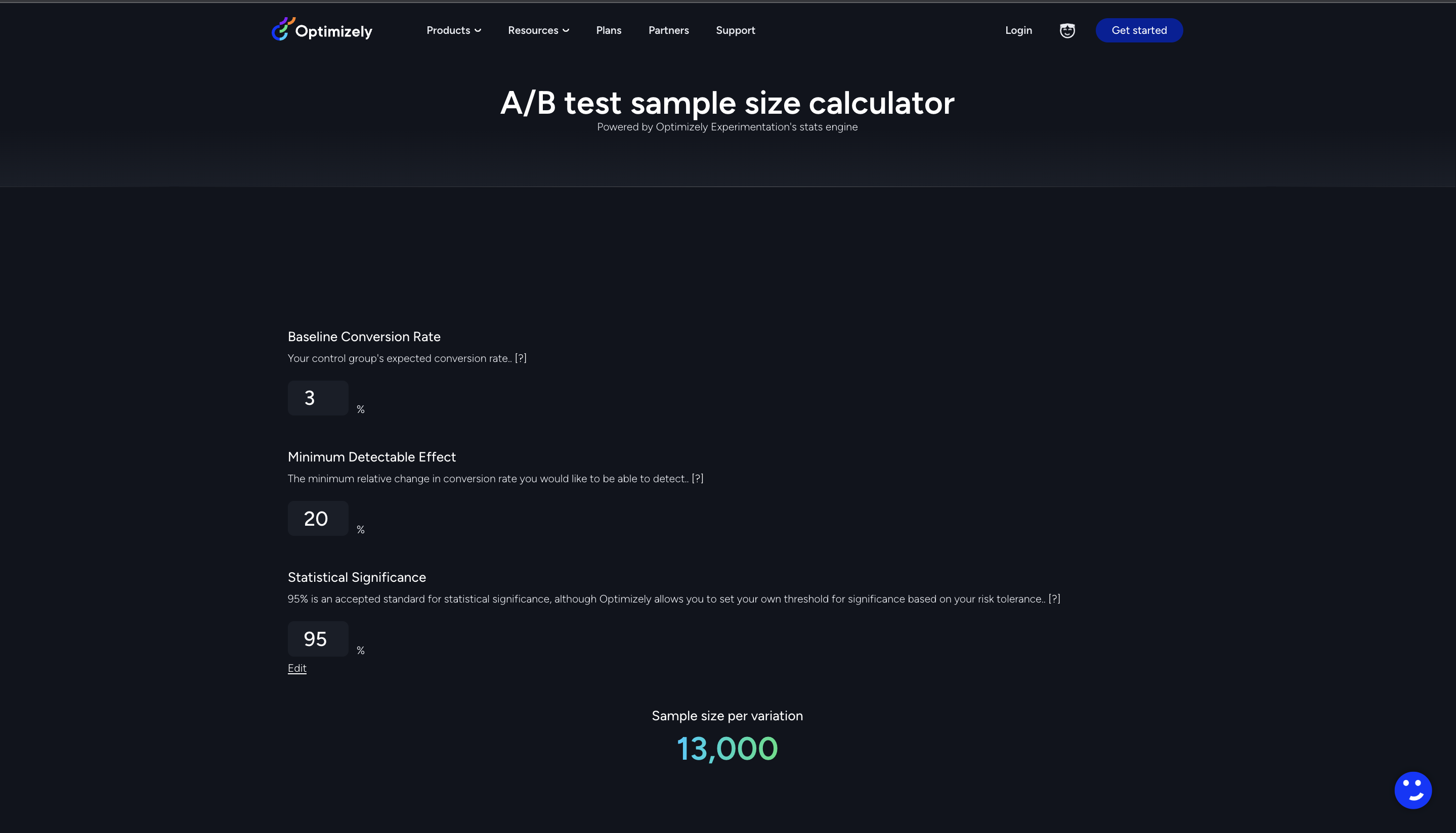 Optimizely sample calculator homepage