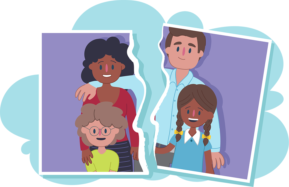 Illustration of two photographs torn apart, showing different people standing together on each side.