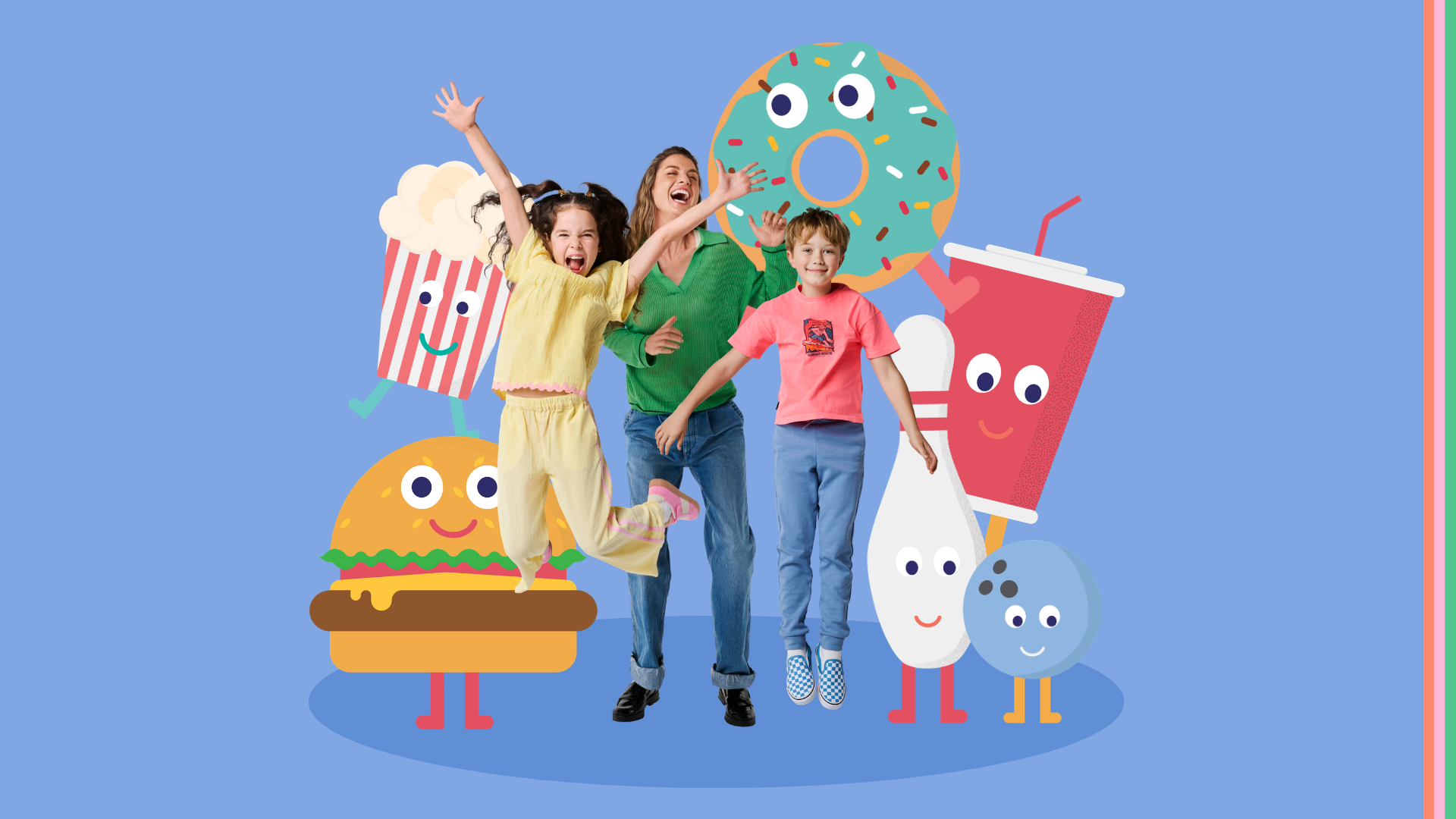 A family jumping with excitement alongside colourful cartoon food and entertainment characters promoting Bundle of Fun School Holiday activities