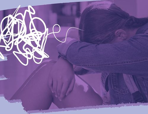A girl with her head in her hands. Squiggly lines surround her head.