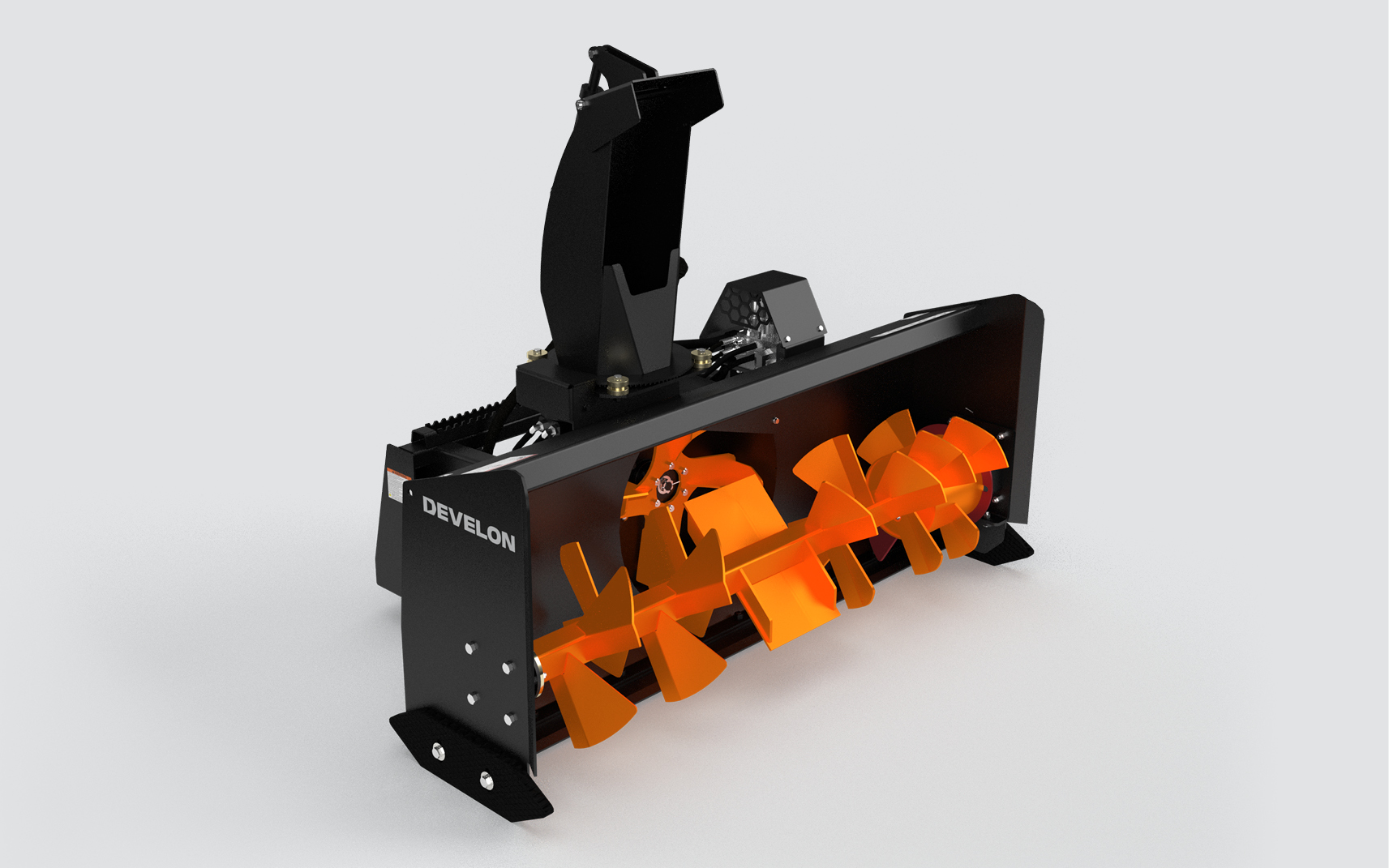 The DEVELON heavy-duty snow blower attachment displayed against a cut-out background.