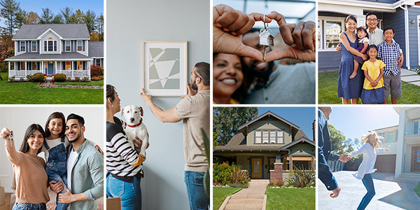 A collage of different couples, families, and homes