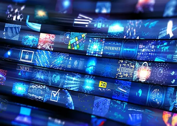 Abstract flow of glowing blue digital screens showing internet, cybersecurity, and media icons.