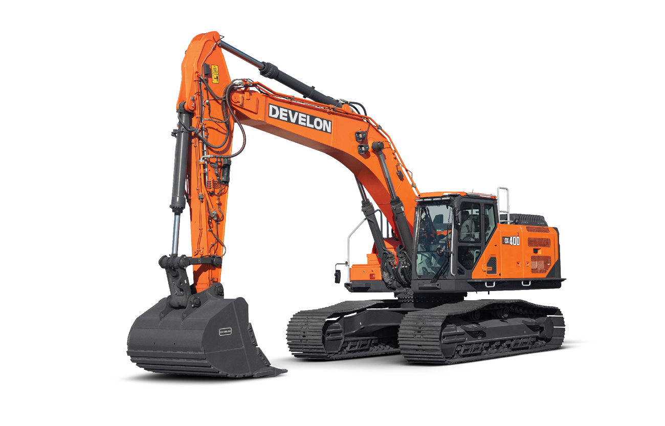 The next-generation DEVELON DX400LC-9 crawler excavator against a white background.
