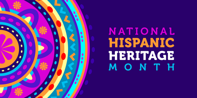 Hispanic heritage month. Vector web banner, poster, card for social media, networks. National greeting with Hispanic heritage month text, Huichol pattern background.