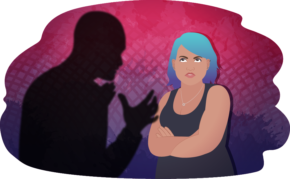 Illustration of a girl standing with arms crossed while facing a shadowed figure that gestures with raised hands. The background is textured with overlapping pink and purple shapes.