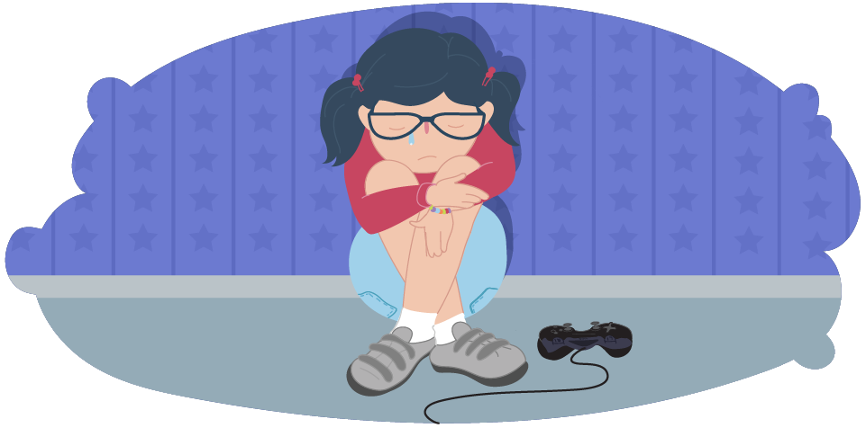 A girl sitting on the floor crying with a game controller placed nearby.