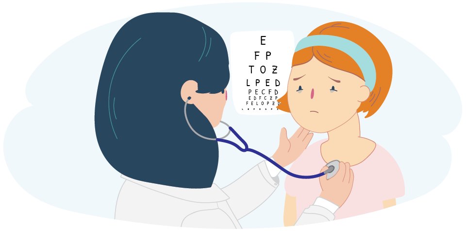 Illustration of a medical check‑up. A doctor uses a stethoscope on a child's chest. An eye chart with letters appears in the background.