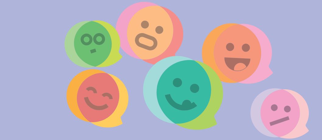 Floating emojis showing happy, silly, surprised, confused and unsure.