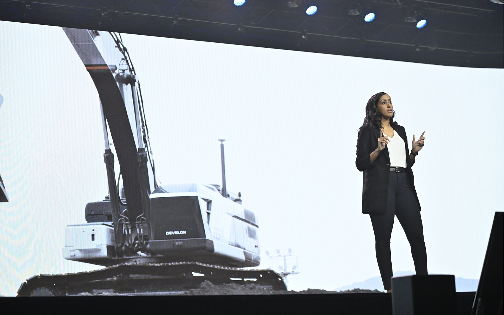 DEVELON Marketing Manager Winta Bereket speaks during the keynote at CES 2024.