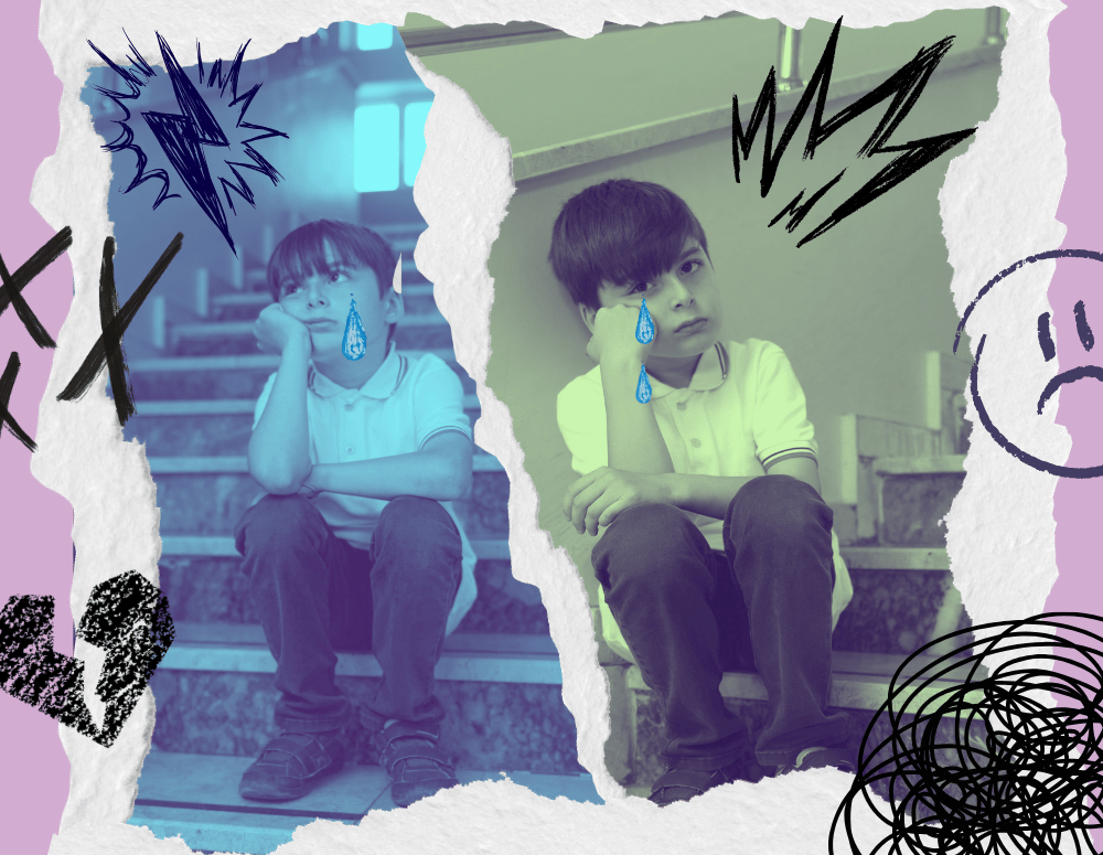 A child in school uniform crying, sitting on a staircase.