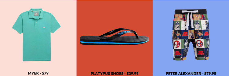 Items from Myer, Platypus Shoes and Peter Alexander