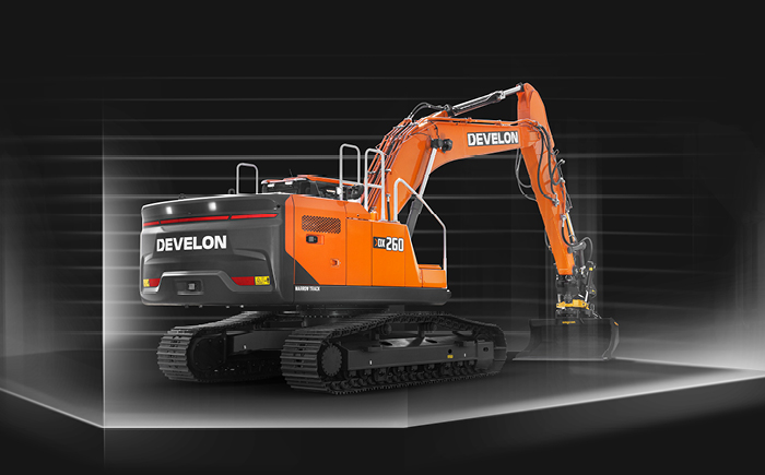 The DEVELON DX260LC-9 crawler excavator with Virtual Walls graphic.