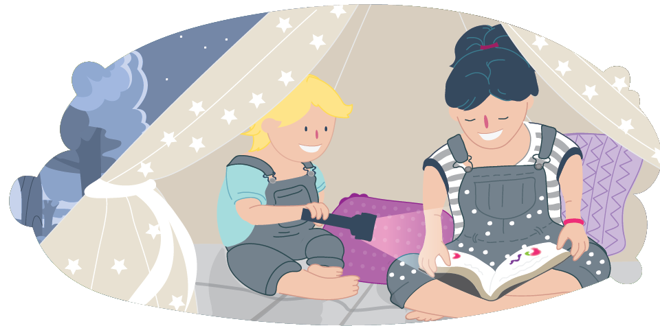 Illustration of child and mother sitting inside a fabric cubby, with the mother holding a book and the child holding a torch.