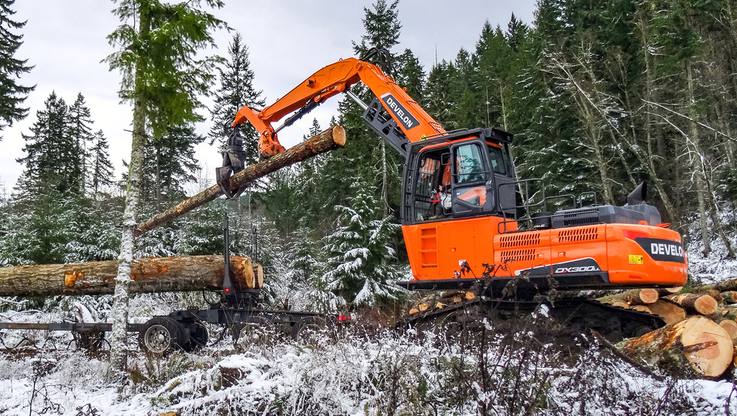 A DEVELON log loader moving a tree on a job site.