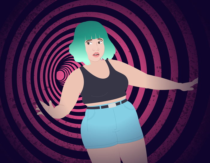 A girl standing inside a spinning black and purple hole.
