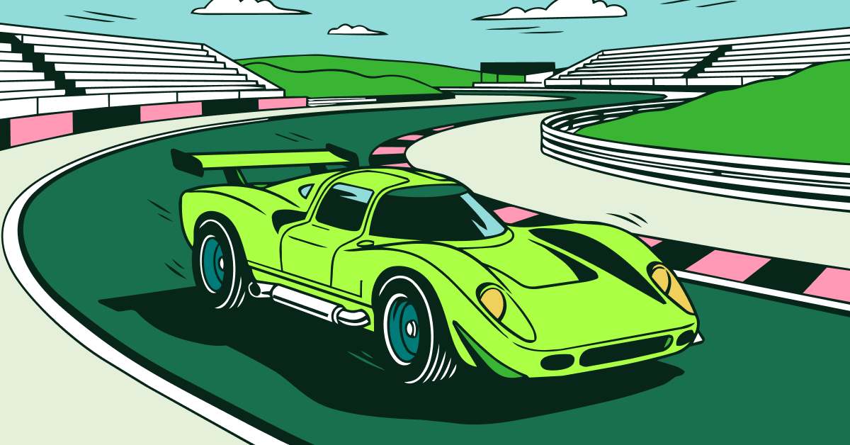Illustration of a lime-green vintage race car cornering at speed on a track