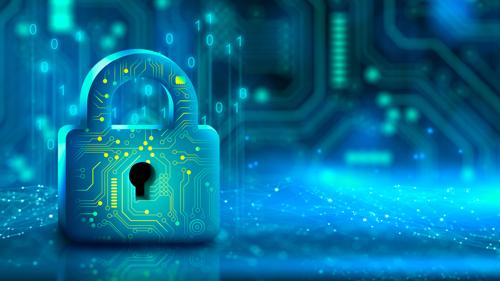 Padlock with Keyhole in data security on circuit. Modern safety digital Concept