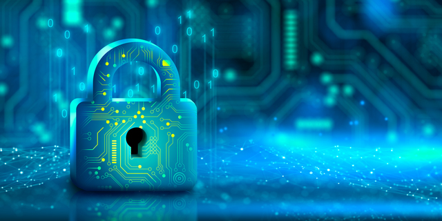 Padlock with Keyhole in data security on circuit. Modern safety digital Concept