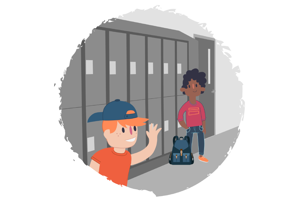 Two boys standing near school lockers, with one waving hello.
