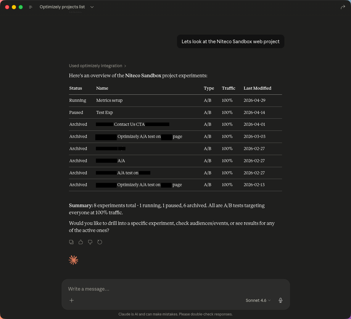 Claude listing active and archived Optimizely experimentation projects through the Remote MCP Server