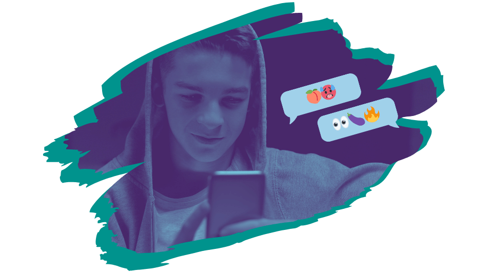 A person holding a mobile phone, partially obscured by a dark overlay, with illustrated message bubbles containing emojis shown to the side.