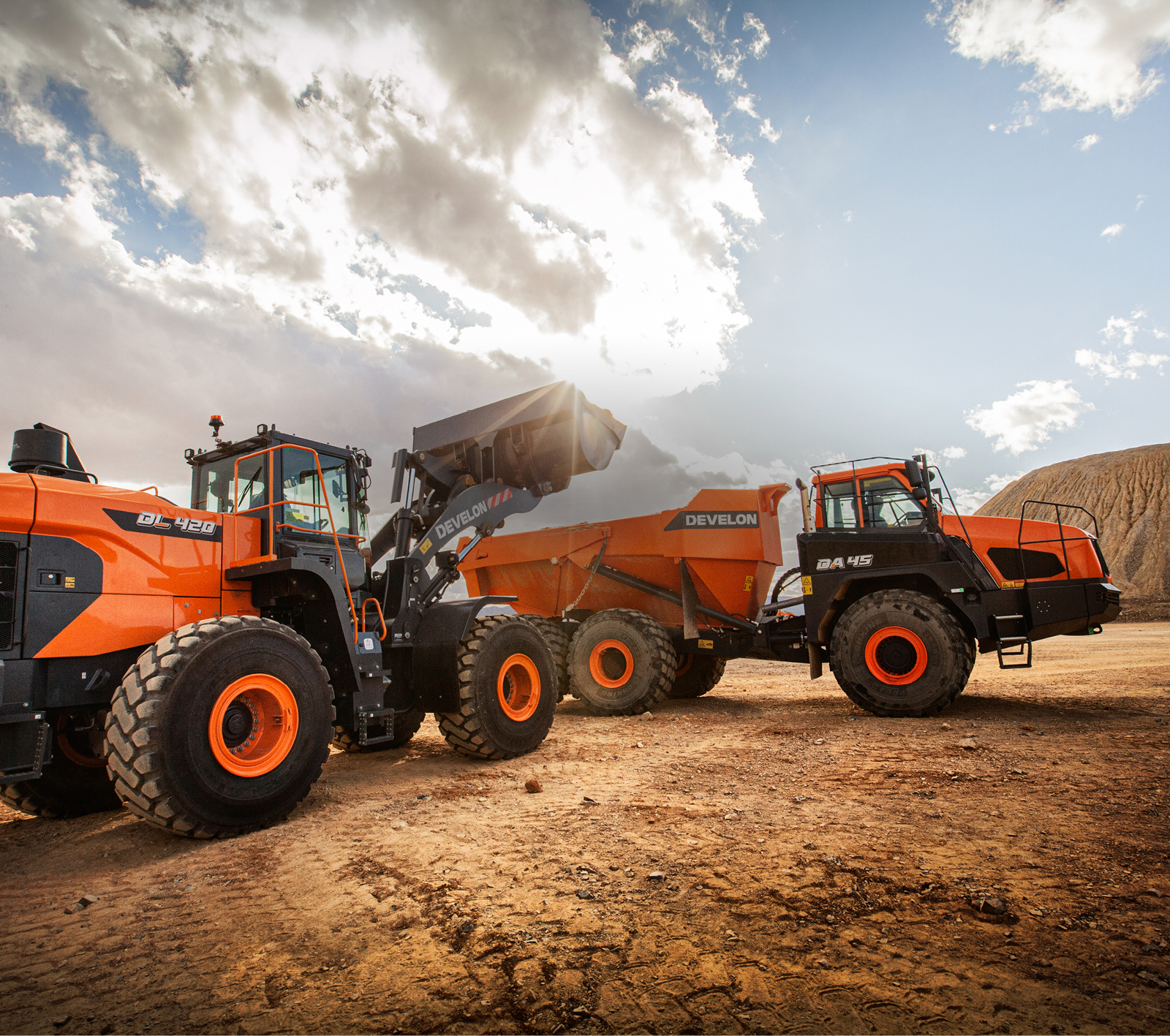 DEVELON Wheel Loader and Articulated Dump Truck equipment on a job site