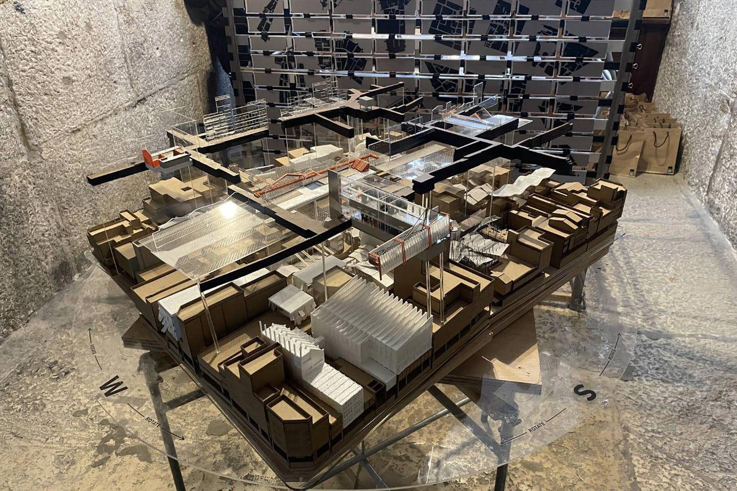 Top-down photograph of the large Tainan Blockology model created by Parsons and National Cheng Kung University students, mounted on a rotating platform.