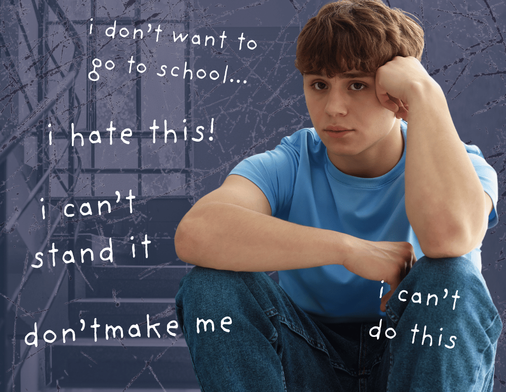 Teen boy sitting on staircase looking stressed.