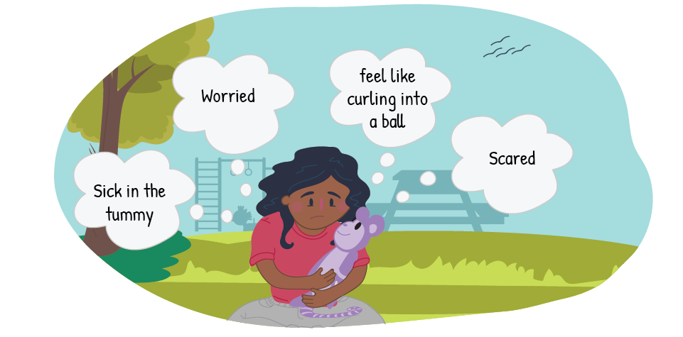 Illustration of a child sitting on grass holding a soft toy. Thought bubbles contain the words “Worried”, “feel like curling into a ball”, “Scared”, and “Sick in the tummy”.