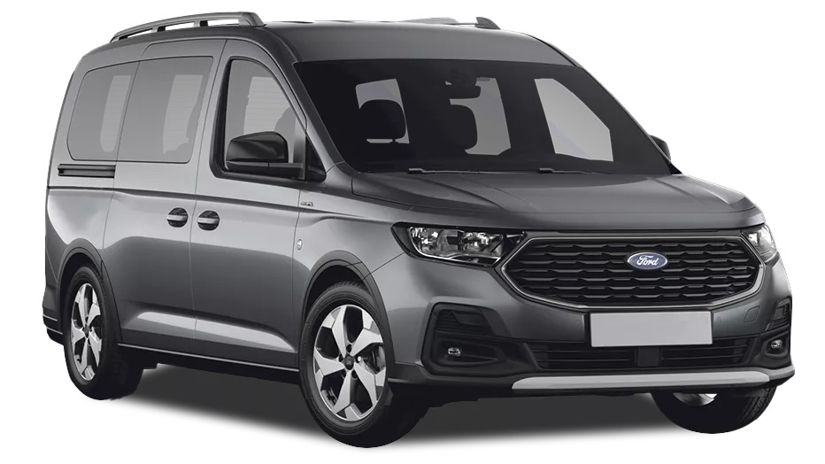Front-side view of a grey Ford Grand Tourneo Connect MPV with large windows, sliding side doors, and a modern, streamlined design.
