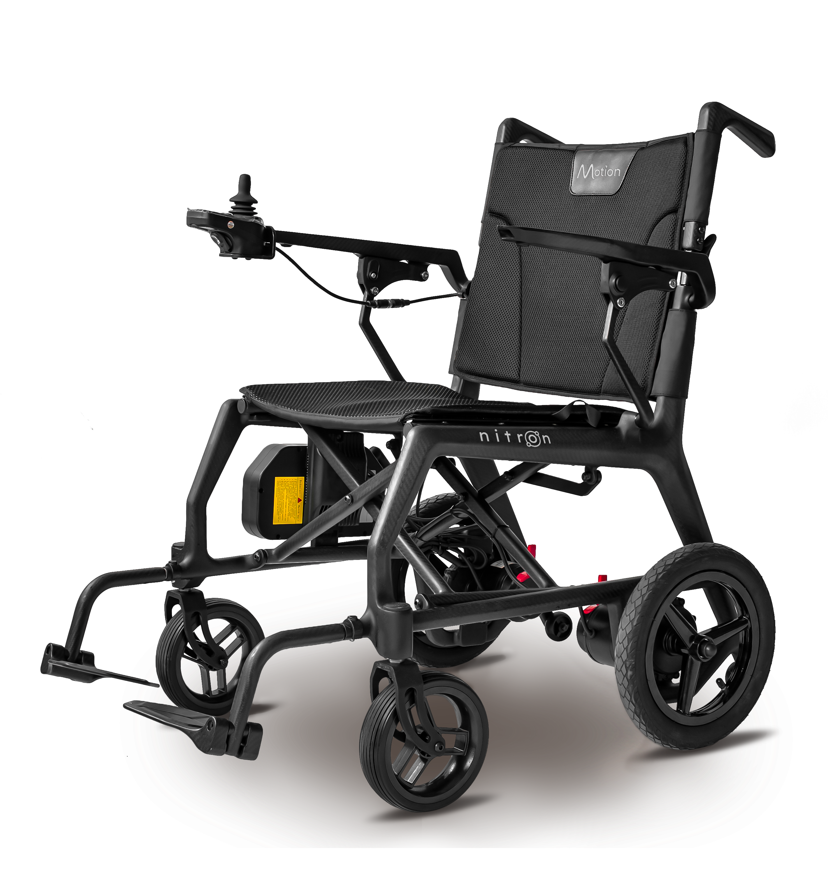 The Nitron power wheelchair, displayed on a transparent background, features a sleek and lightweight black frame with a breathable mesh seat and backrest. It includes a joystick controller mounted on the armrest, solid wheels for indoor and outdoor use, and a compact, foldable design ideal for portability and travel.