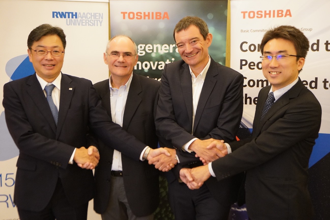 At the RIC opening ceremony (from left: Yutaka Sata, Corporate Senior Vice President CTO, Toshiba Corporation; Prof. Antonello Monti, RWTH Aachen University, Dr.-Ing. Stephan Ramesohl, Wuppertal Institute for Climate, Environment and Energy, and Kohei Onizuka, General Manager of Toshiba RIC)
