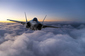 F35 Fighter Jet with metal matrix composites flying above clouds