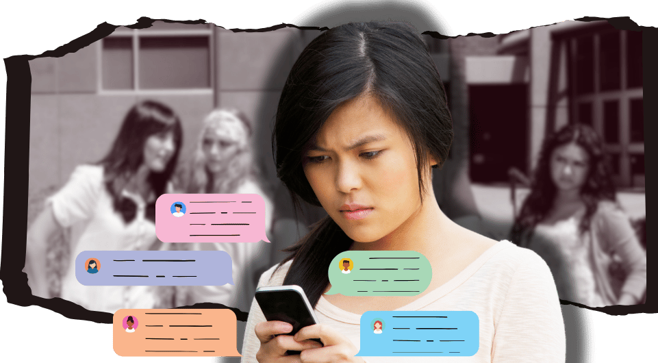 A person looking down at a mobile phone in the foreground, with blurred figures in the background and coloured message bubbles overlaid around the image.