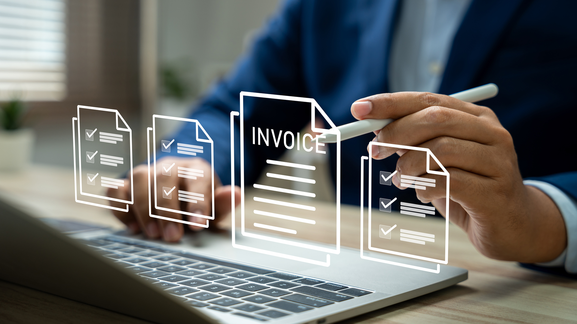 E-Invoice and Digital billing concept, Businessman using laptop to manage electronic statements on virtual screen. E-tax, Digital receipt, Online invoice processing and tax accounting solutions.