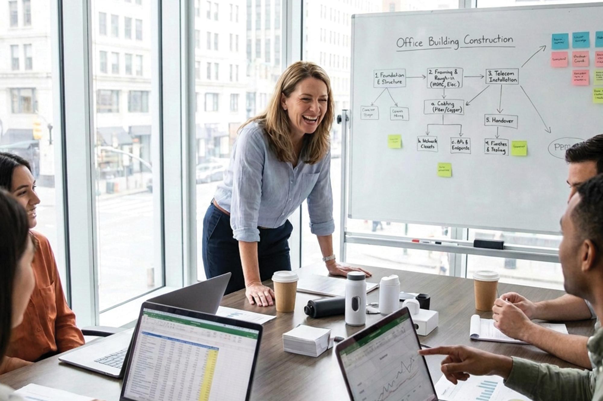 Project team discussing office building construction plans around a conference table with laptops, documents, and a construction workflow displayed on a whiteboard.